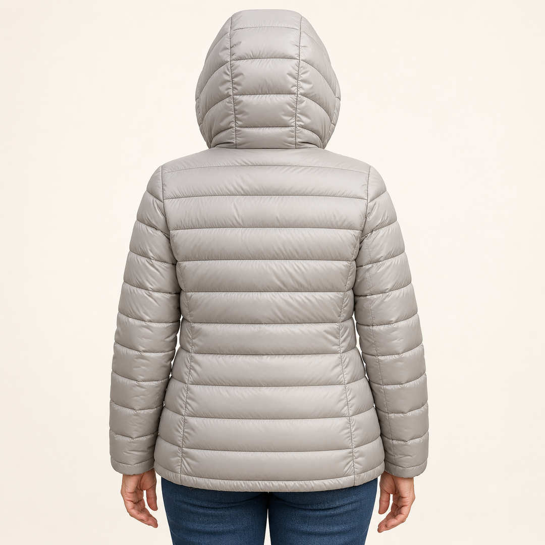 METTA Grey padded jacket on mature model, inferred back view