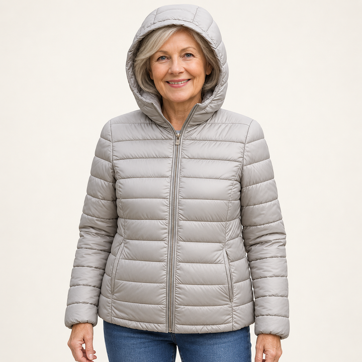 METTA Grey padded jacket on mature model, front view