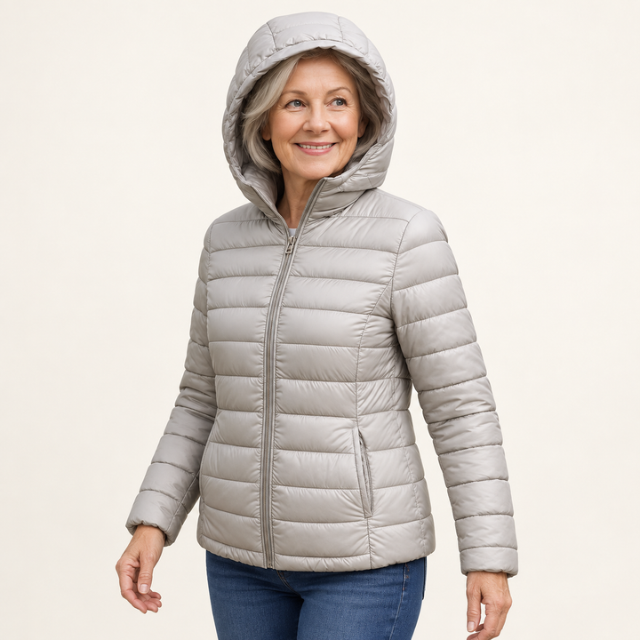 METTA Grey padded jacket on mature model, three-quarter view