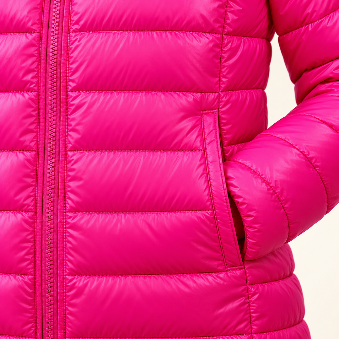 METTA Hot Pink padded jacket, fabric, zipper and quilting close-up