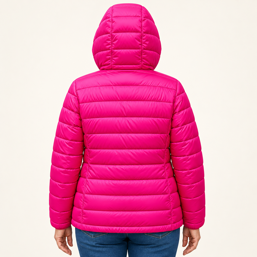 METTA Hot Pink padded jacket on mature model, inferred back view