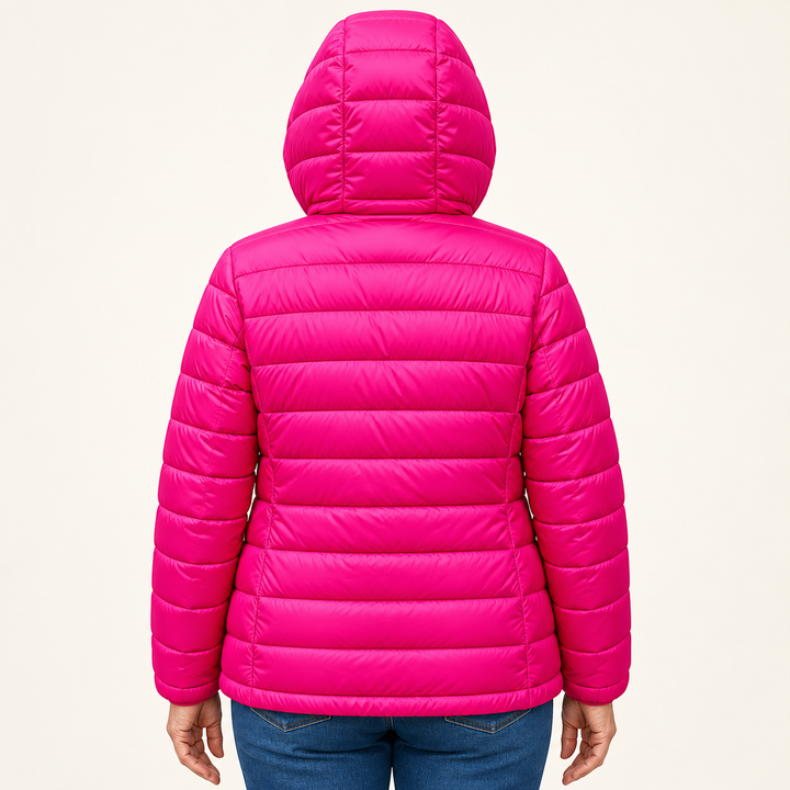METTA Hot Pink padded jacket on mature model, inferred back view