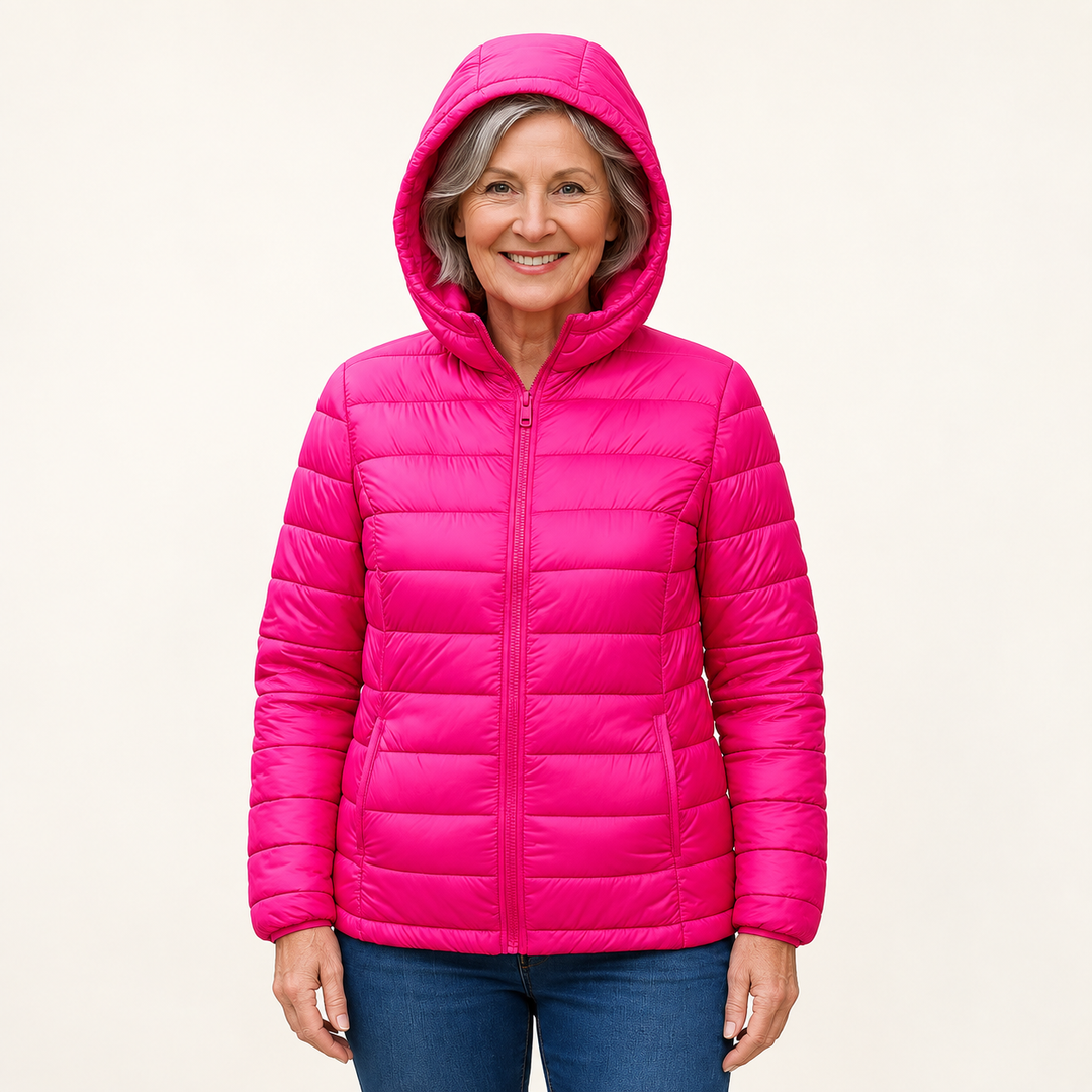 METTA Hot Pink padded jacket on mature model, front view