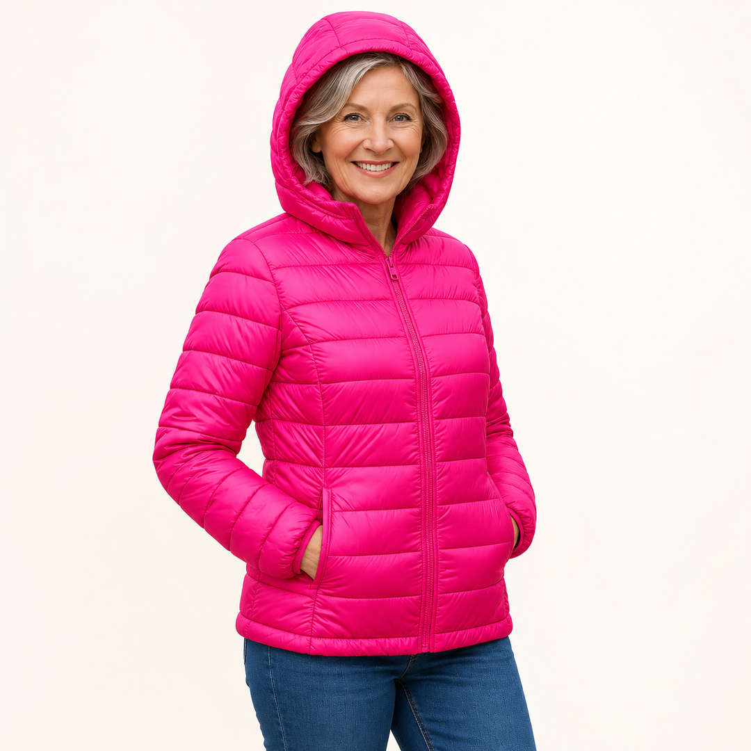 METTA Hot Pink padded jacket on mature model, three-quarter view