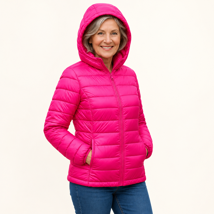METTA Hot Pink padded jacket on mature model, three-quarter view