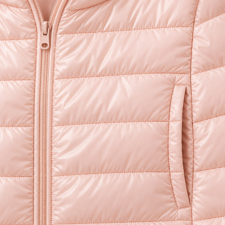 METTA Light Pink padded jacket, fabric, zipper and quilting close-up