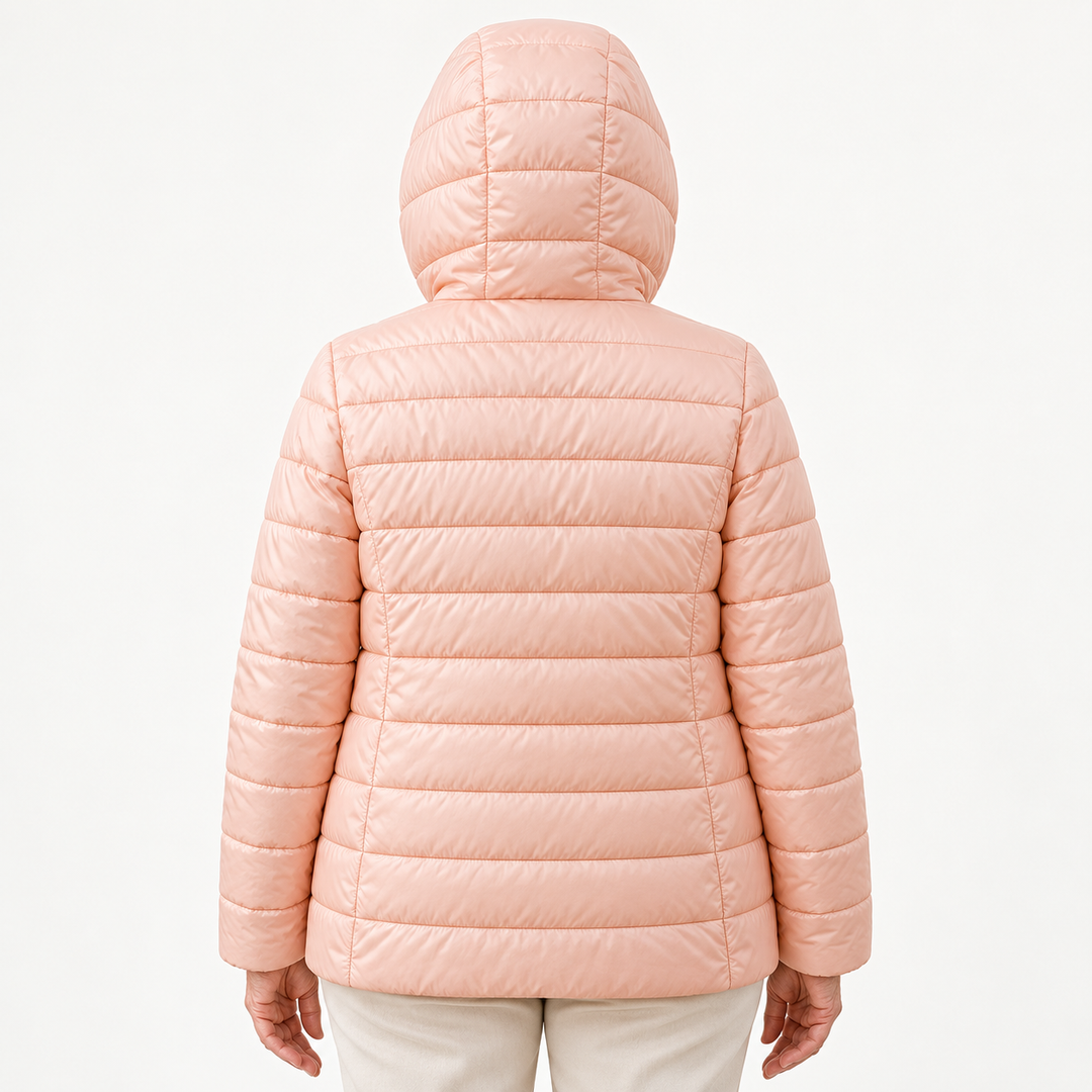 METTA Light Pink padded jacket on mature model, inferred back view