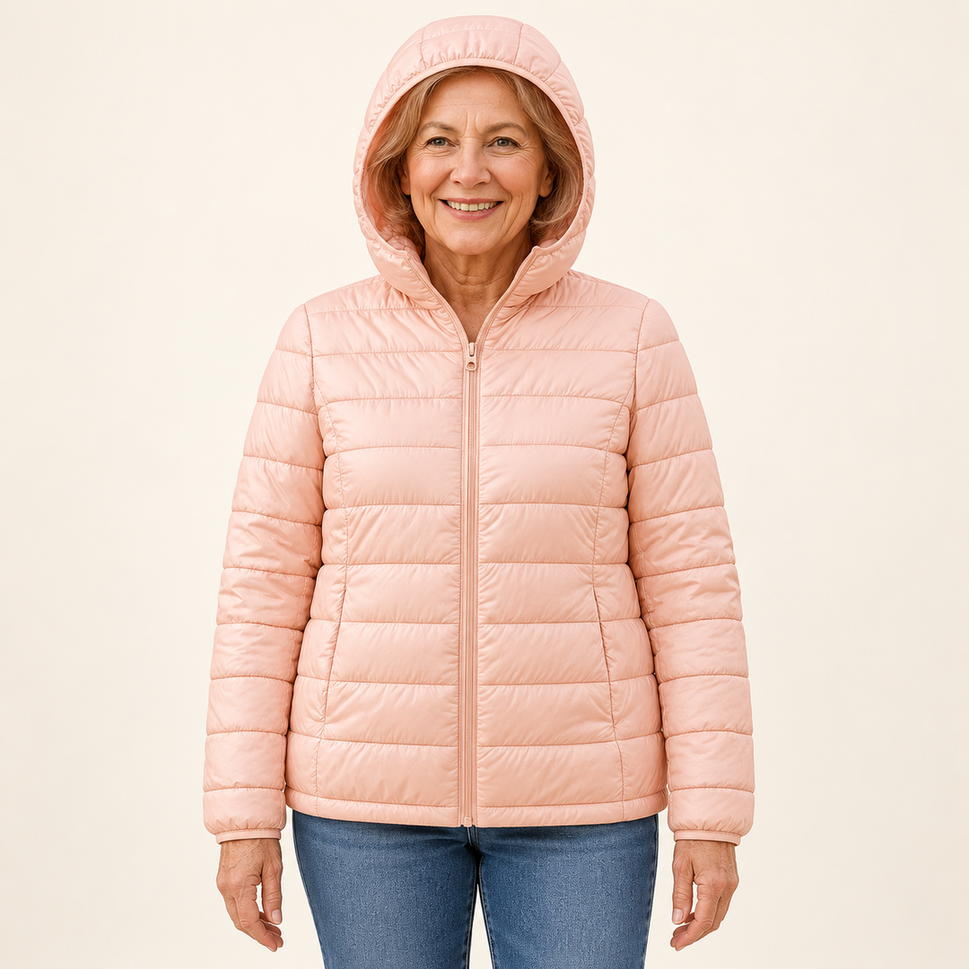 METTA Light Pink padded jacket on mature model, front view