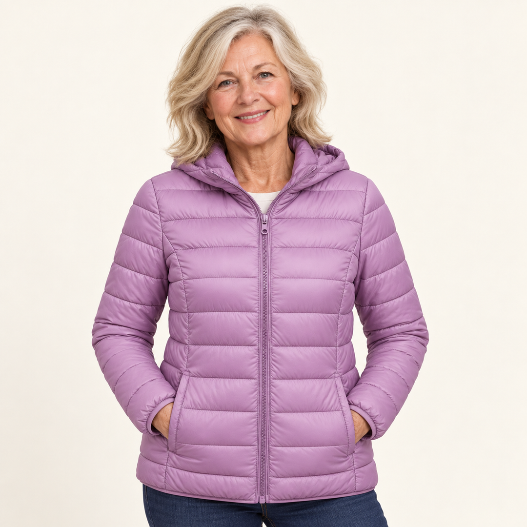 METTA Lilac padded jacket on natural mature model in clean studio