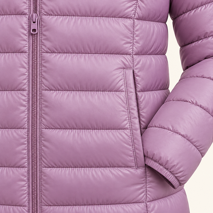 METTA Lilac padded jacket, fabric, zipper and quilting close-up