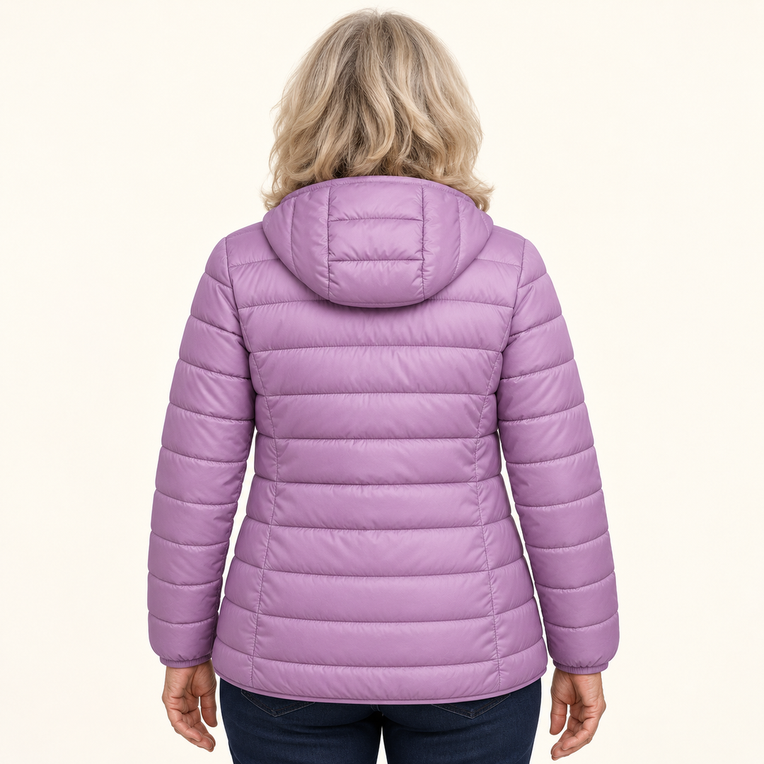 METTA Lilac padded jacket on natural mature model, inferred back view