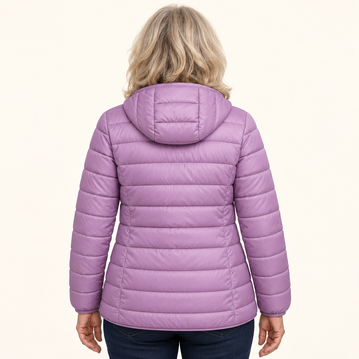METTA Lilac padded jacket on natural mature model, inferred back view