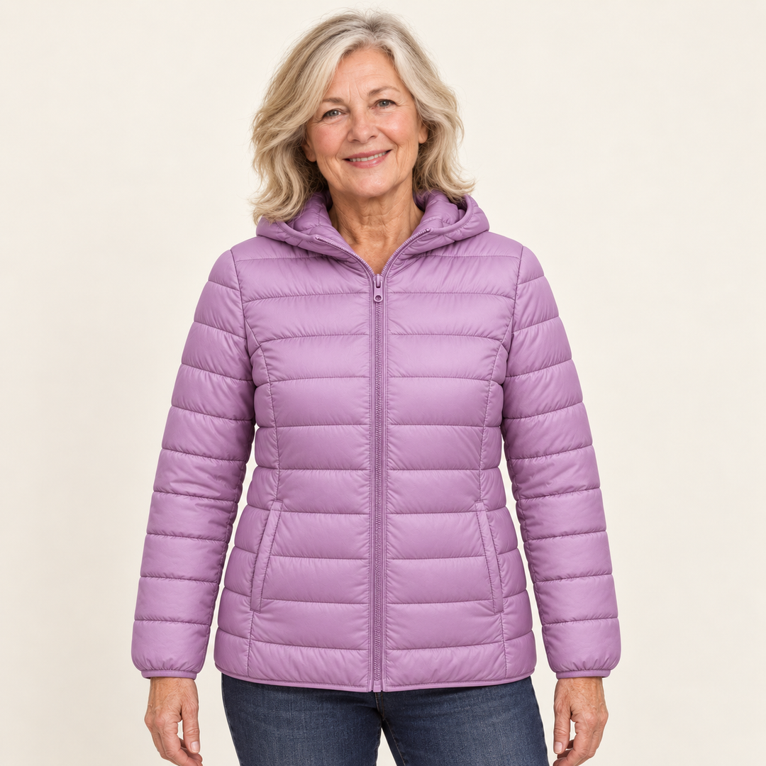 METTA Lilac padded jacket on natural mature model, front view