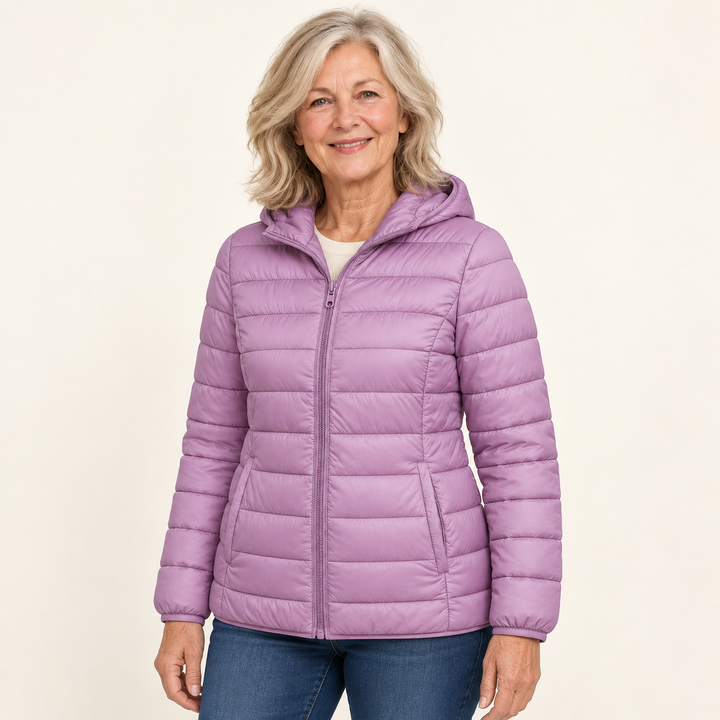 METTA Lilac padded jacket on natural mature model, three-quarter view