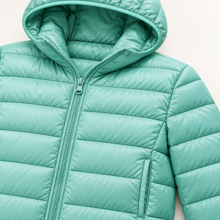 Metta transitional padded jacket in mint green — quilted fabric, hood and zip detail