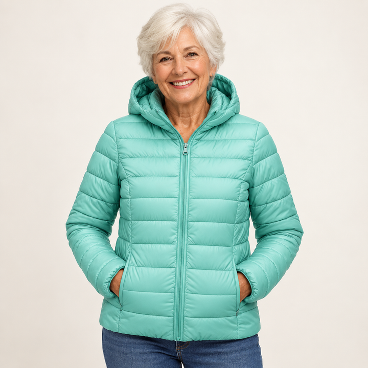 Metta transitional padded jacket in mint green — mature model front view