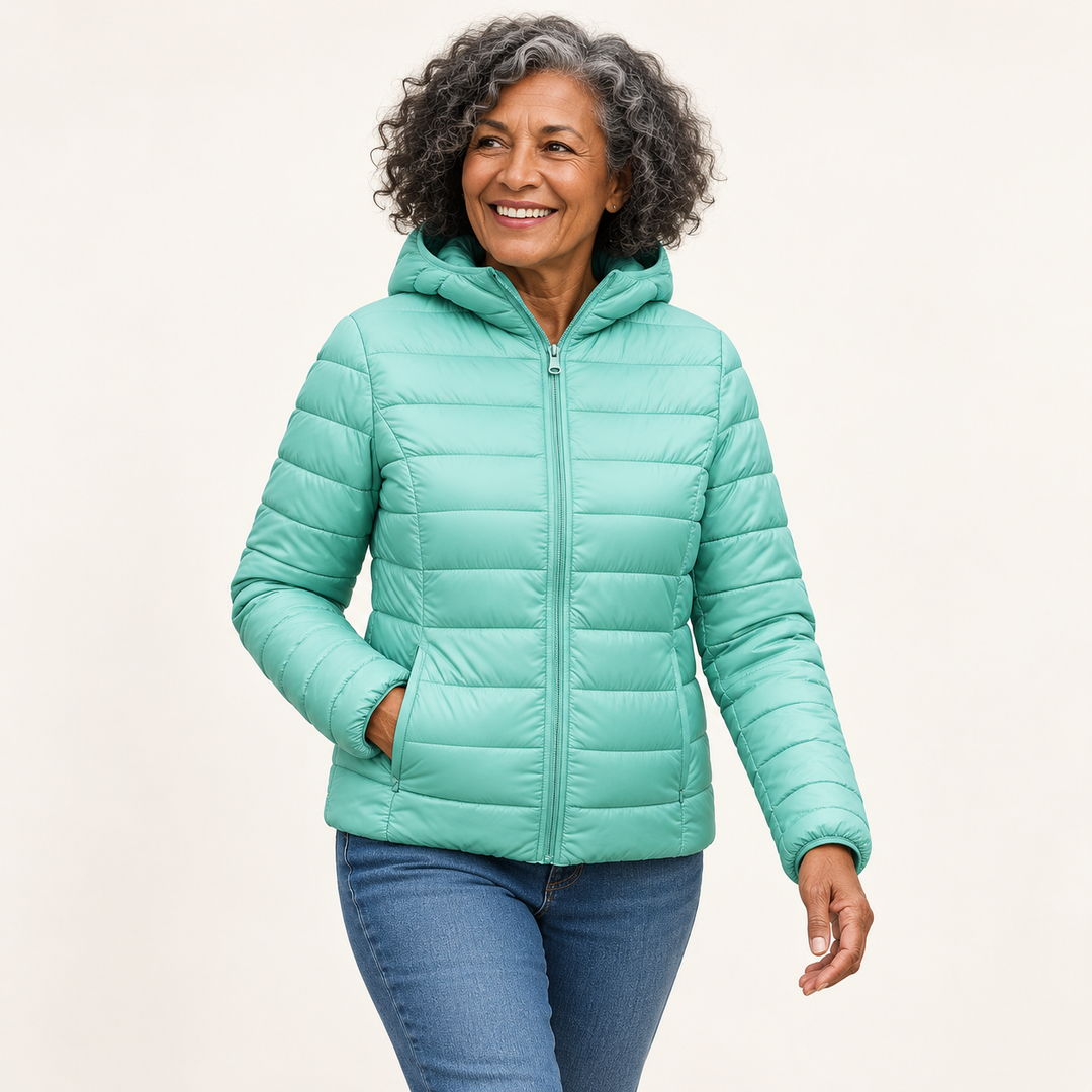 Metta transitional padded jacket in mint green — mature model natural pose