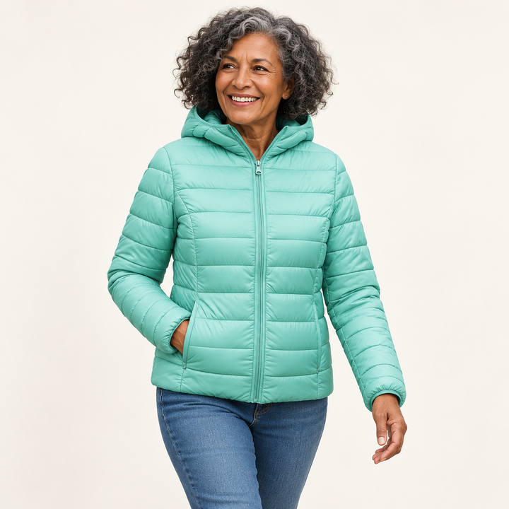 Metta transitional padded jacket in mint green — mature model natural pose