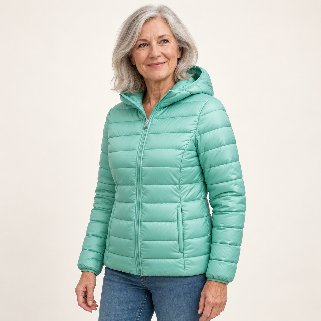 Metta transitional padded jacket in mint green — mature model three-quarter view
