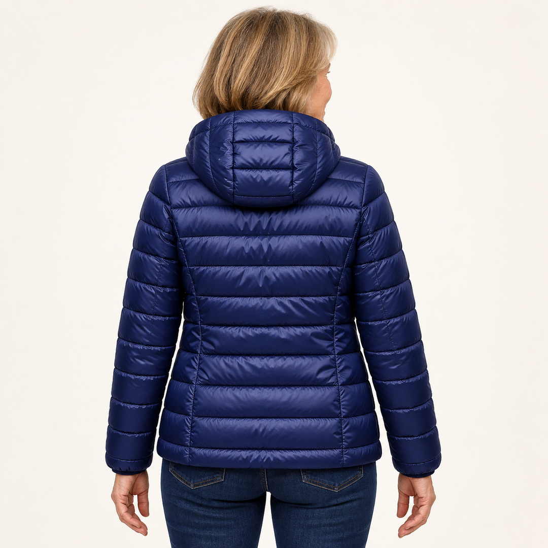 Metta transitional padded jacket in navy blue — back view