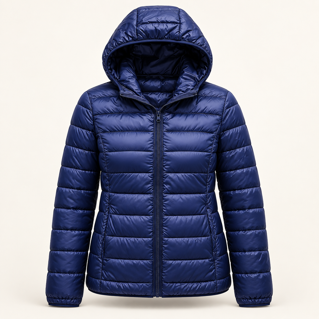 Metta transitional padded jacket in navy blue — quilted fabric, hood and zip detail