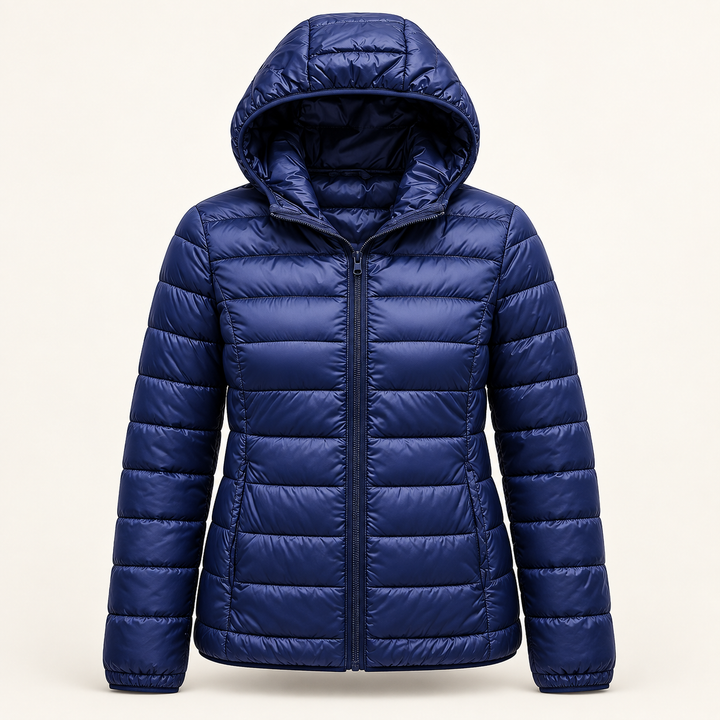 Metta transitional padded jacket in navy blue — quilted fabric, hood and zip detail