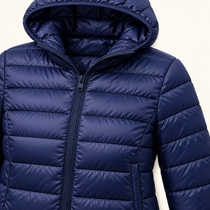 Metta transitional padded jacket in navy blue — isolated front view