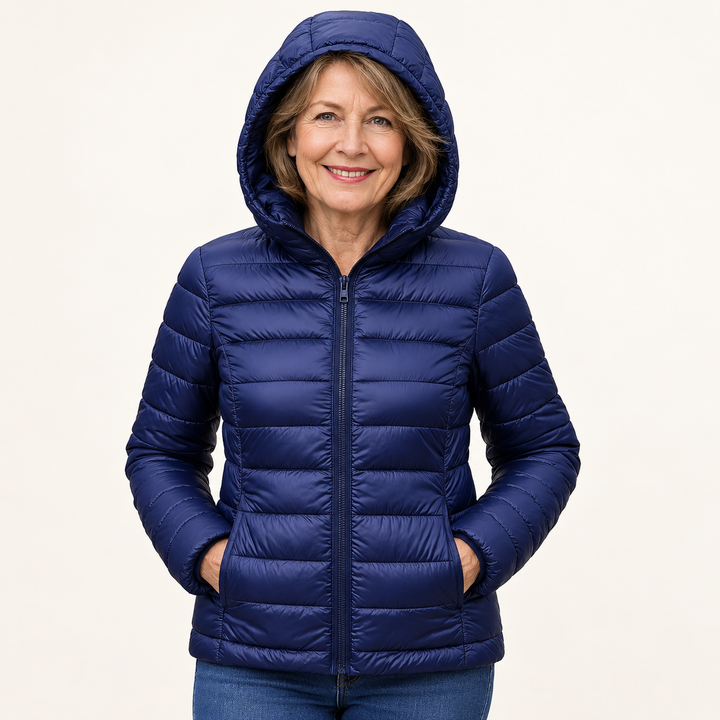 Metta transitional padded jacket in navy blue — mature model front view
