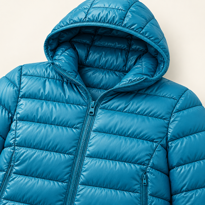 Metta transitional padded jacket in ocean blue — quilted fabric, hood and zip detail