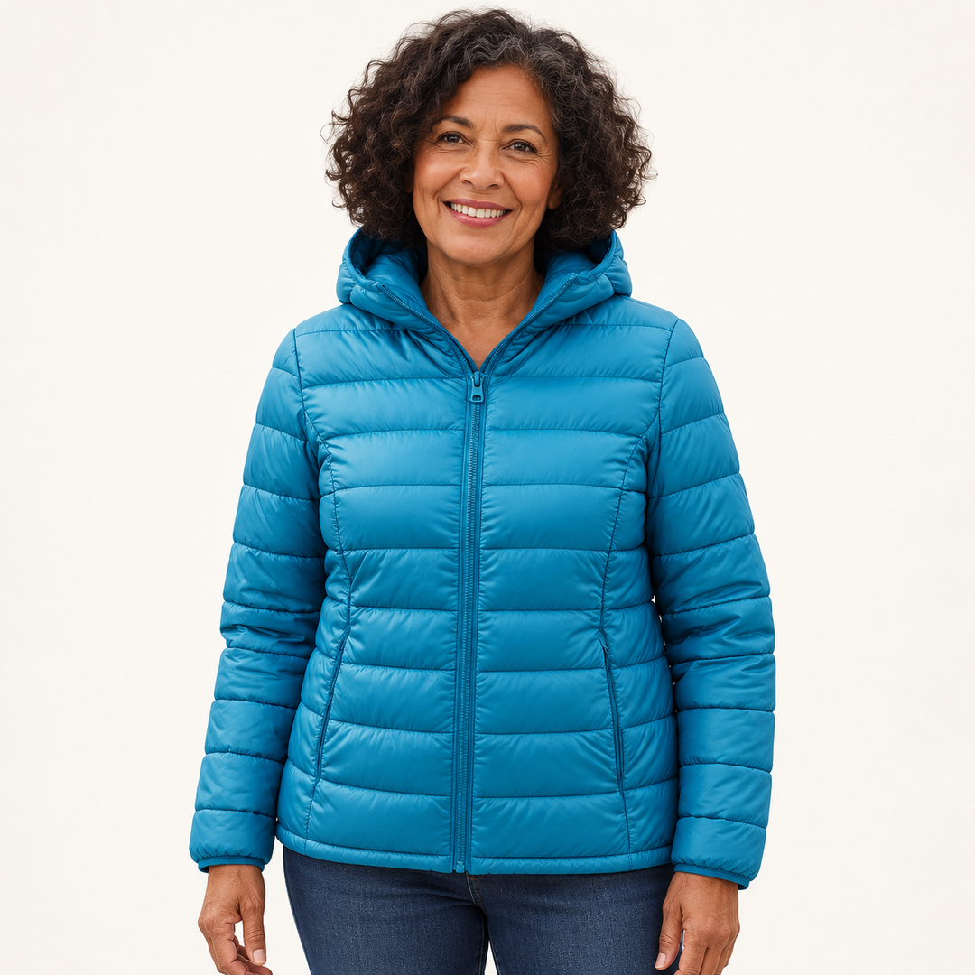 Metta transitional padded jacket in ocean blue — mature model front view