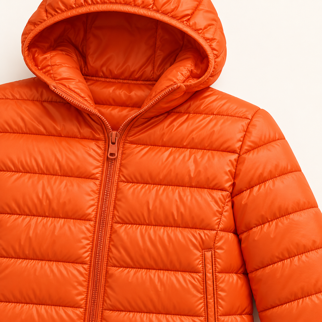 Metta transitional padded jacket in orange — quilted fabric, hood and zip detail