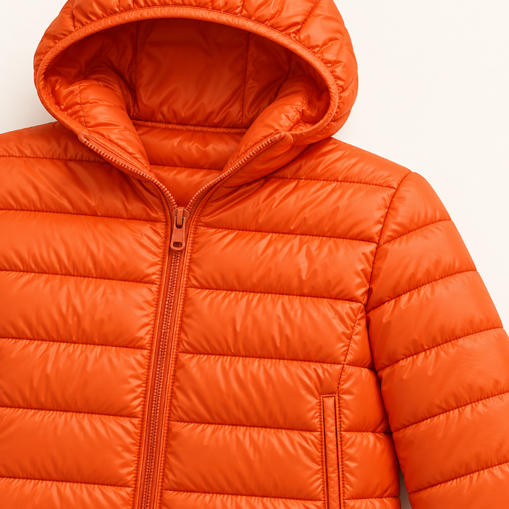 Metta transitional padded jacket in orange — quilted fabric, hood and zip detail