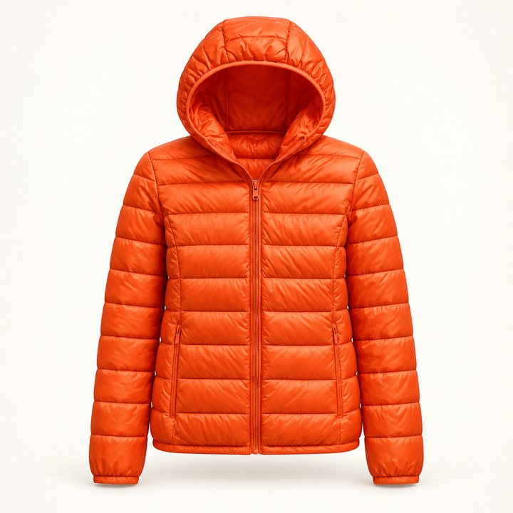 Metta transitional padded jacket in orange — isolated front view