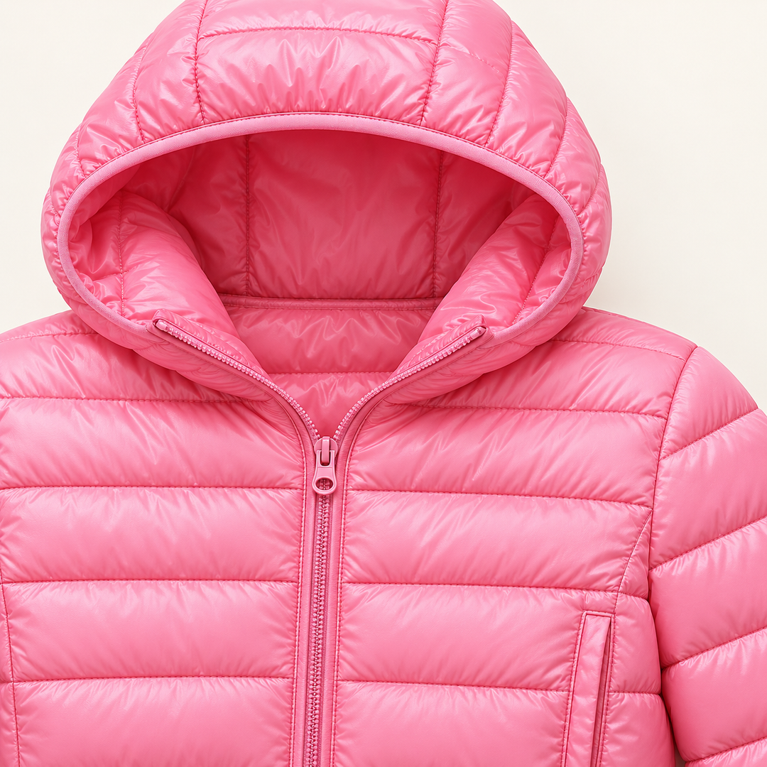 Metta transitional padded jacket in pink — quilted fabric, hood and zip detail