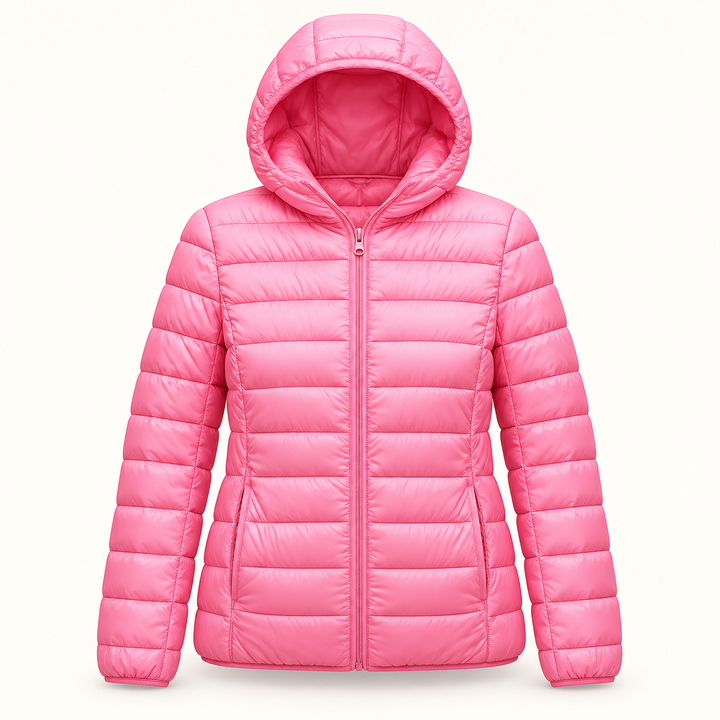 Metta transitional padded jacket in pink — isolated front view