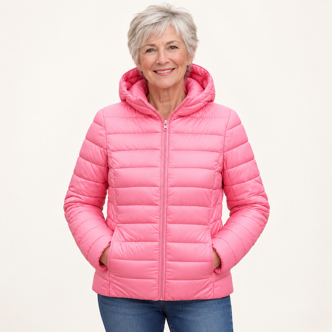 Metta transitional padded jacket in pink — mature model front view