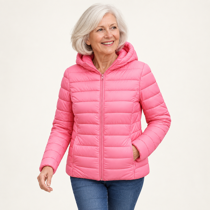 Metta transitional padded jacket in pink — mature model natural pose