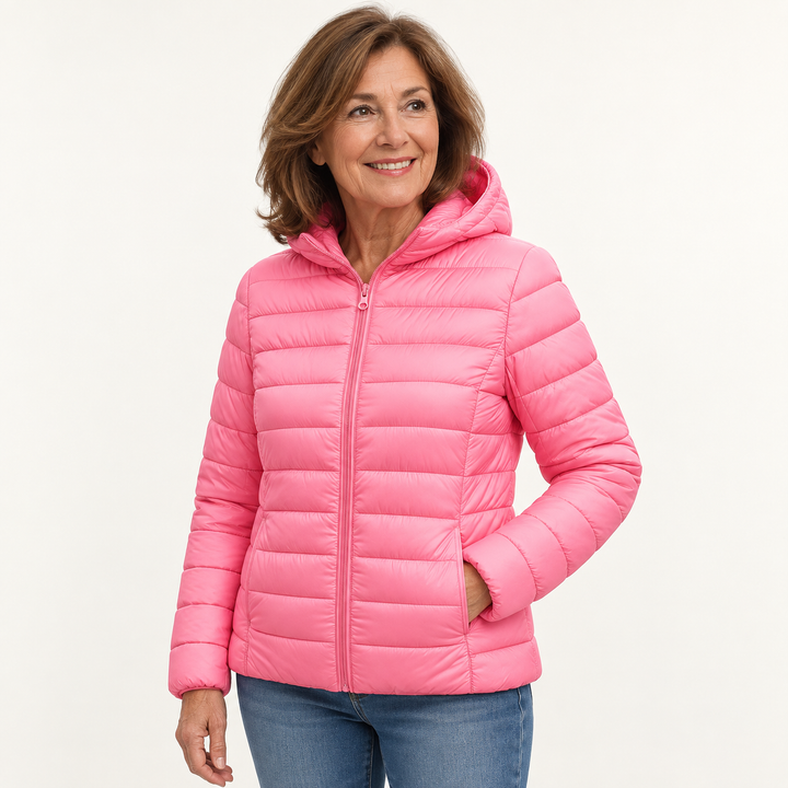 Metta transitional padded jacket in pink — mature model three-quarter view