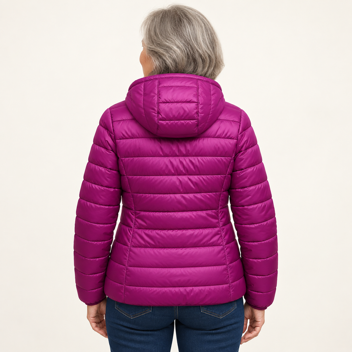 Metta transitional padded jacket in purple — back view