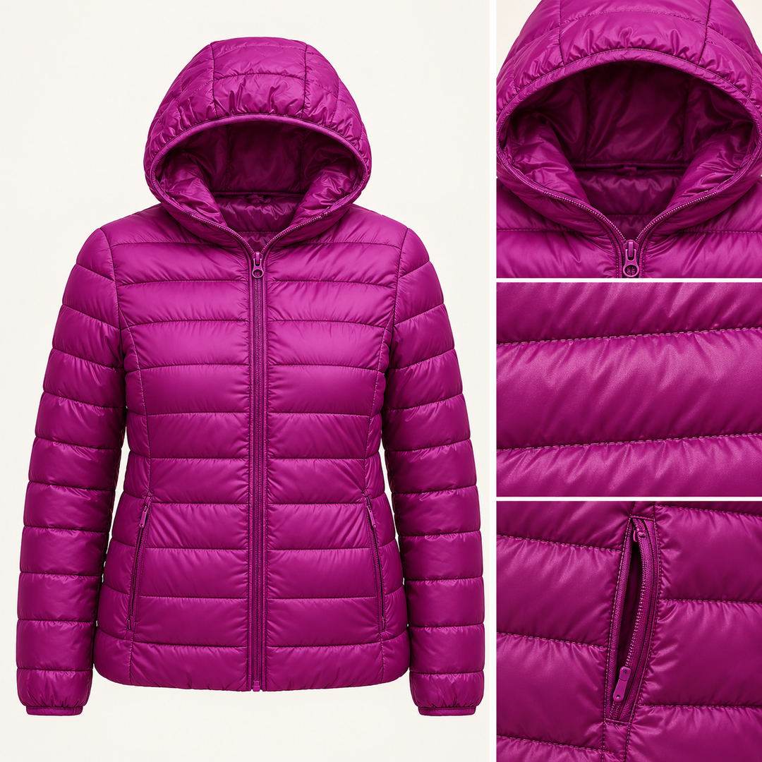 Metta transitional padded jacket in purple — quilted fabric, hood and zip detail
