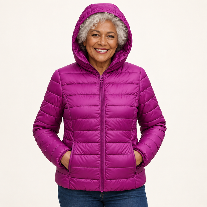 Metta transitional padded jacket in purple — mature model front view