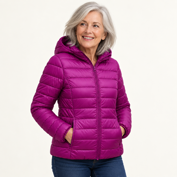 Metta transitional padded jacket in purple — mature model three-quarter view