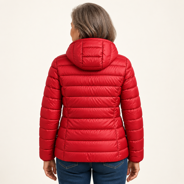 Metta transitional padded jacket in red — back view