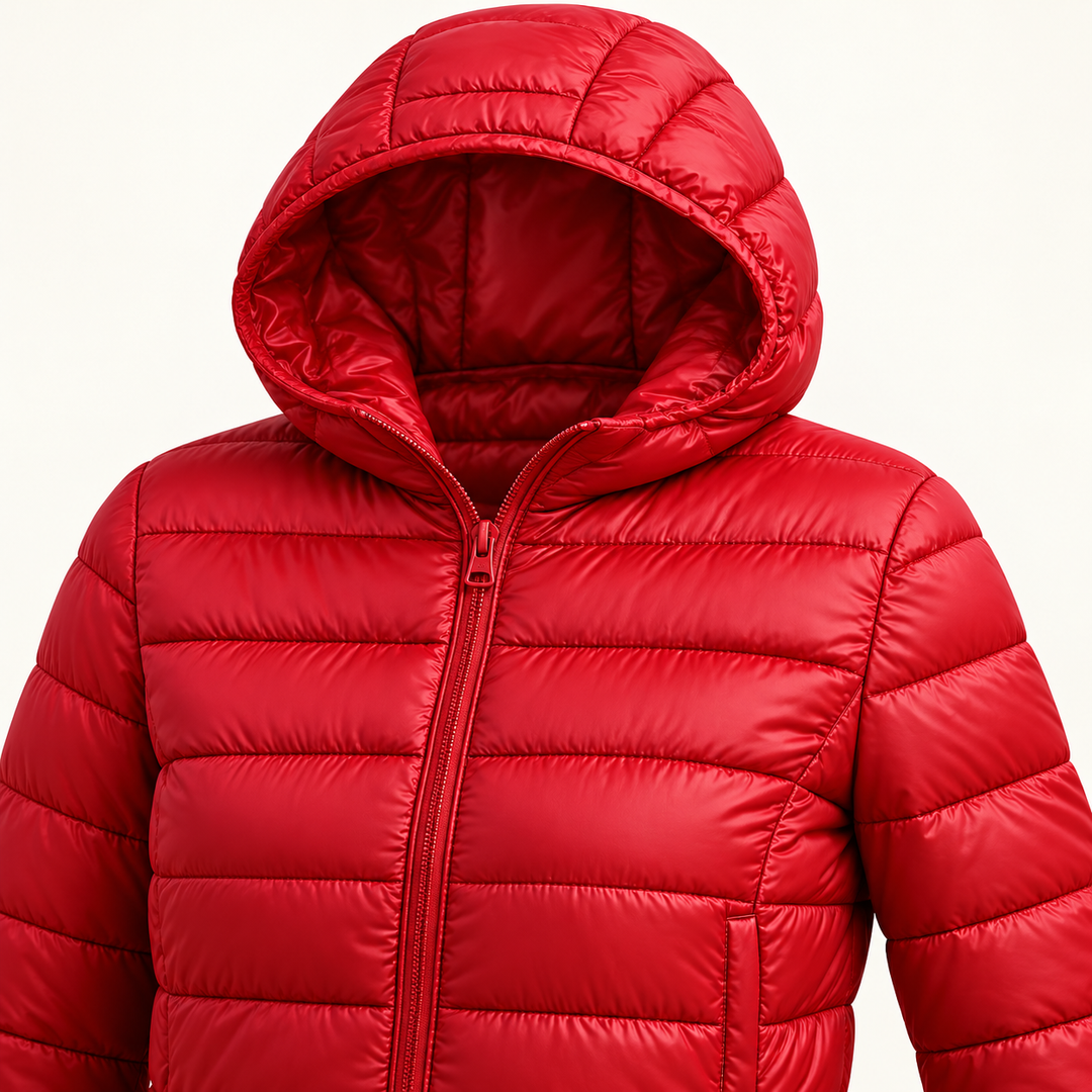 Metta transitional padded jacket in red — quilted fabric, hood and zip detail