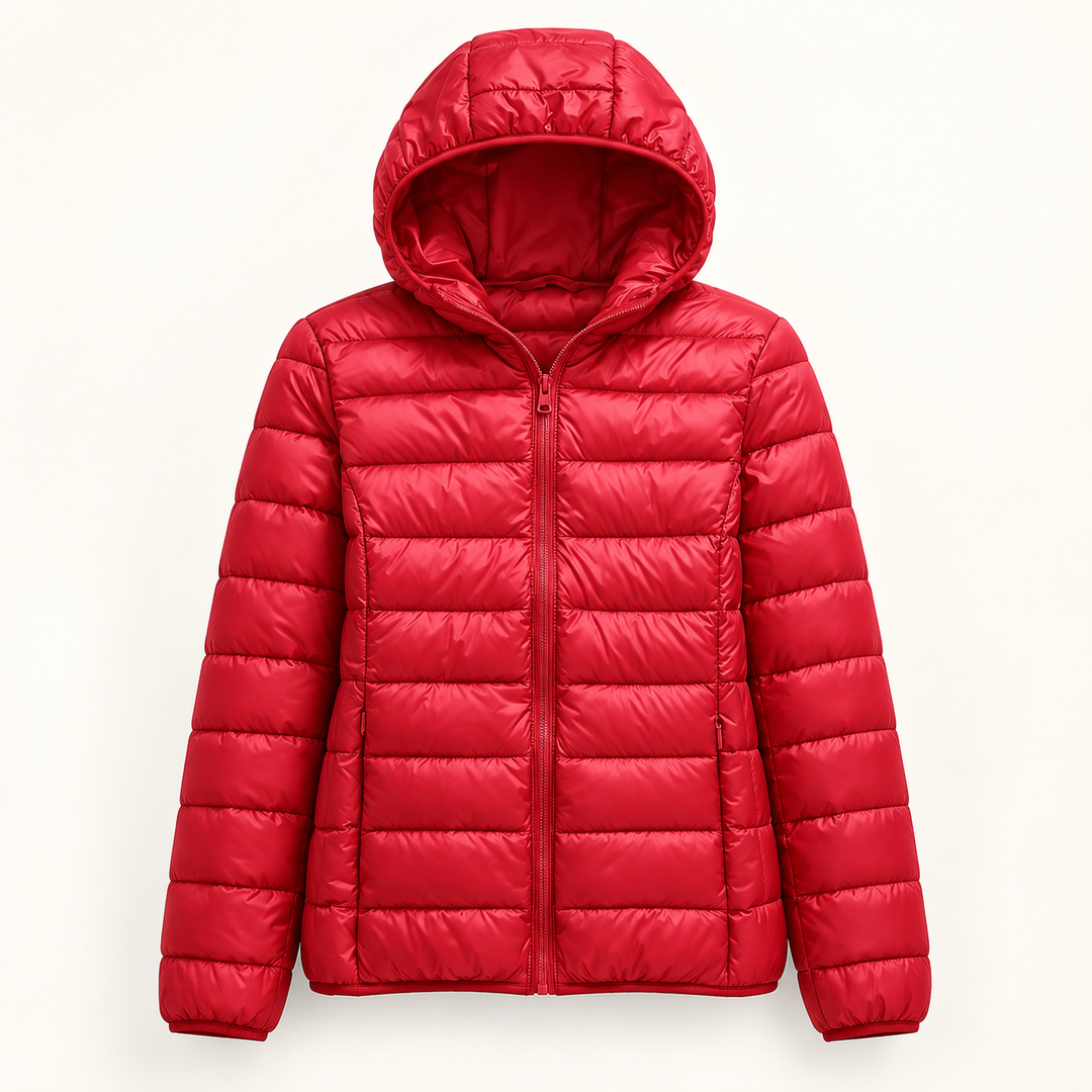 Metta transitional padded jacket in red — isolated front view