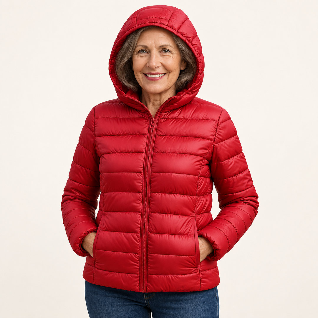 Metta transitional padded jacket in red — mature model front view