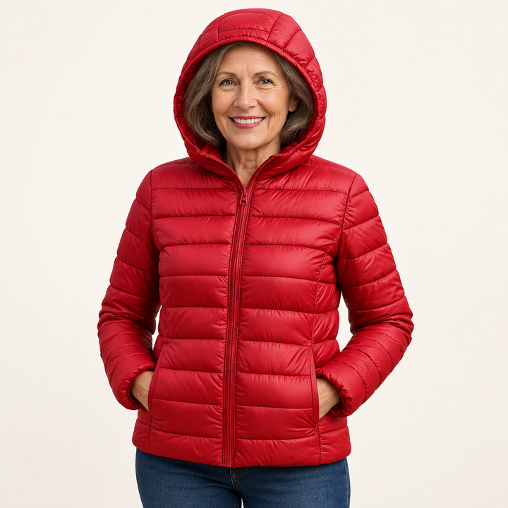 Metta transitional padded jacket in red — mature model front view