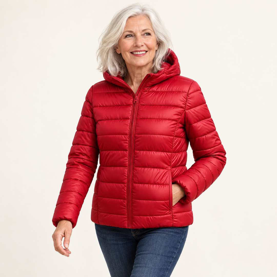Metta transitional padded jacket in red — mature model natural pose