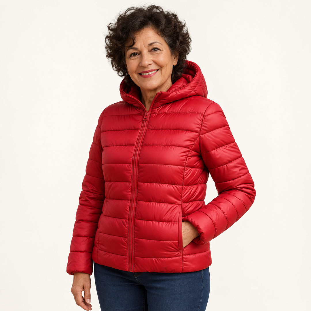 Metta transitional padded jacket in red — mature model three-quarter view