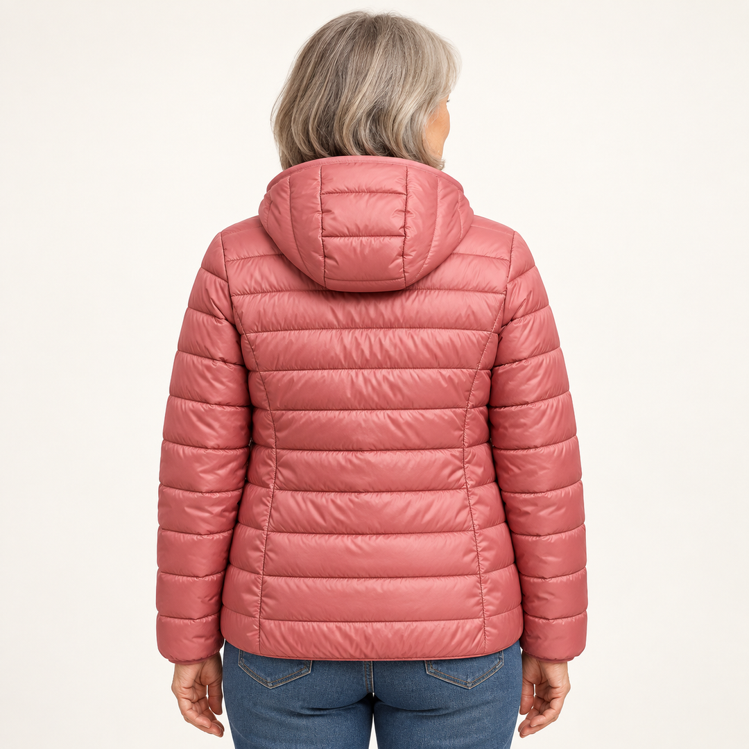 Metta transitional padded jacket in salmon pink — back view